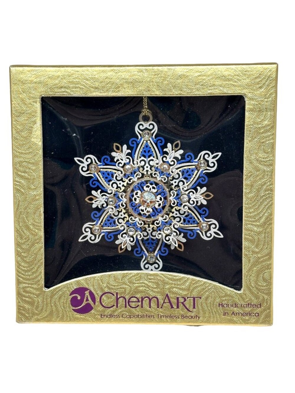 ChemArt Americana Shimmering Snowflake Ornament Blue Silver Jeweled Iridescent